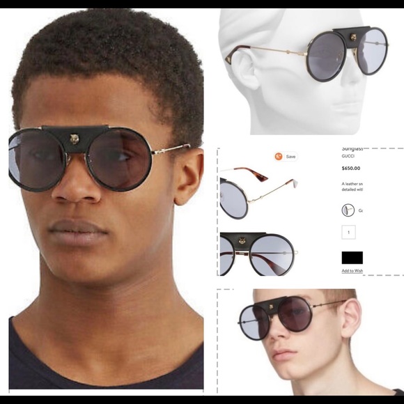 GUCCI UNISEX ROUND SUNGLASSES WITH DETACHABLE BLACK LEATHER & LOGO TIGER HEAD - Picture 12 of 16